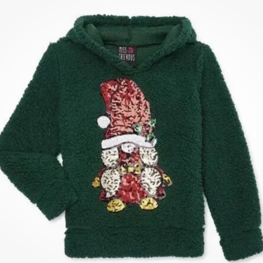 Miss Chievous Sequin Hunter Green Gnome Sherpa Hoodie Size XS (4-5) NEW